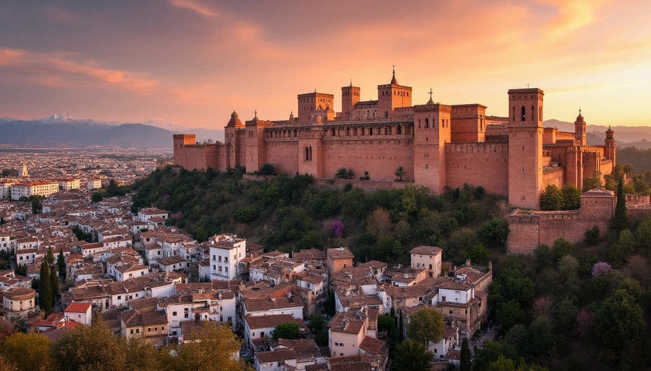 Sunset view of the Alhambra palace overlooking the old town of Granada with mountains in the background.