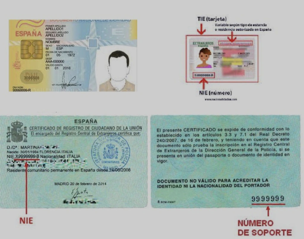 Examples of Spanish identification documents including DNI, TIE card, and EU citizen residence certificate with NIE numbers.