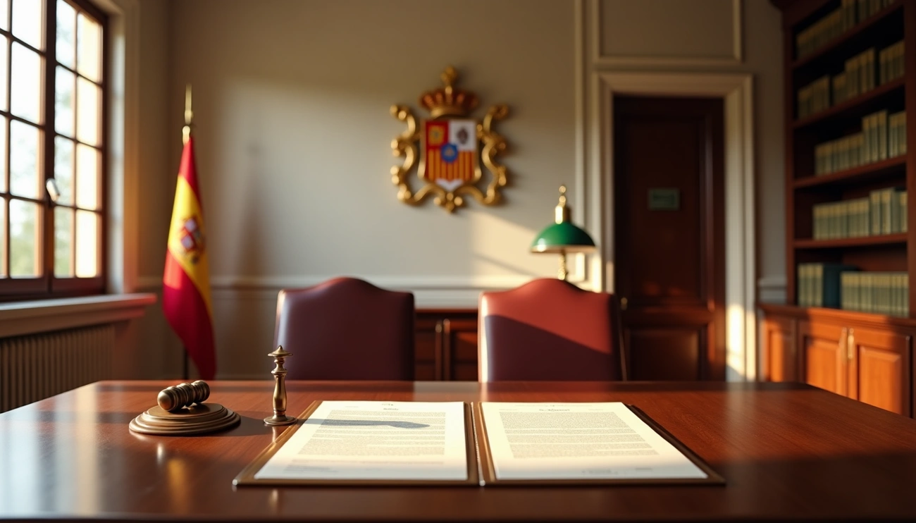 Spanish notary office with legal documents, gavel, and Spain flag symbolizing property purchase process in Spain.