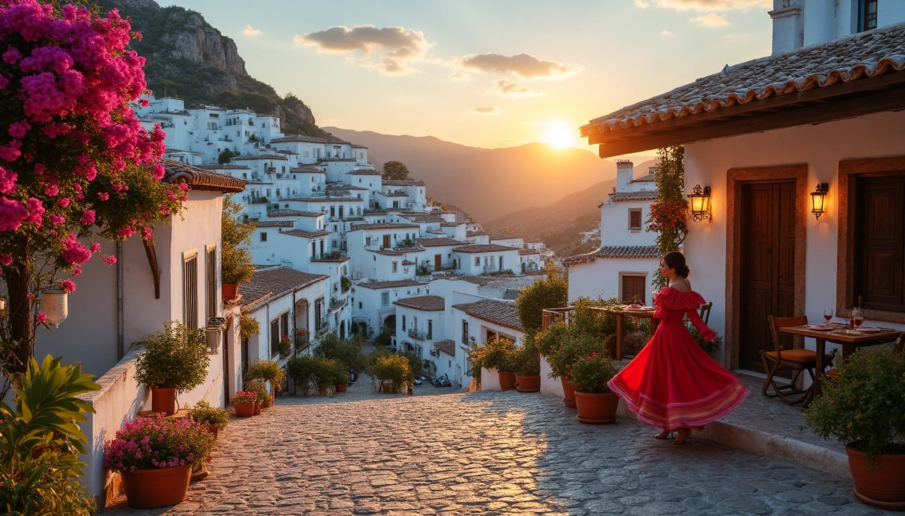Sunset over a charming Andalusian village with white houses and a woman twirling in a red dress on a cobblestone street.