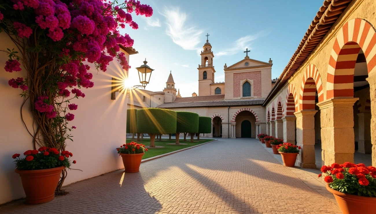 Sunlit courtyard of a historic Cordoba church with red flowers, trimmed trees, and striped archways at sunset.
