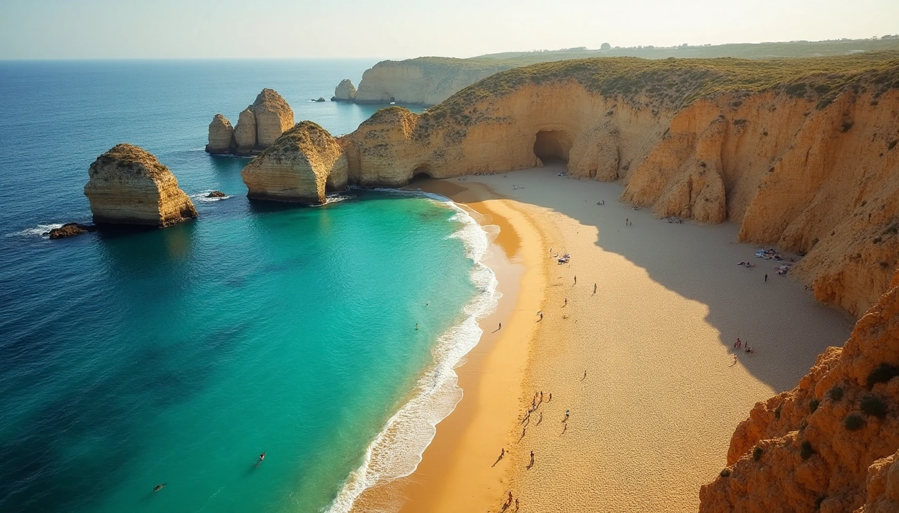 Aerial view of a golden sandy beach with turquoise water and rocky cliffs, featuring sea caves and scattered visitors.