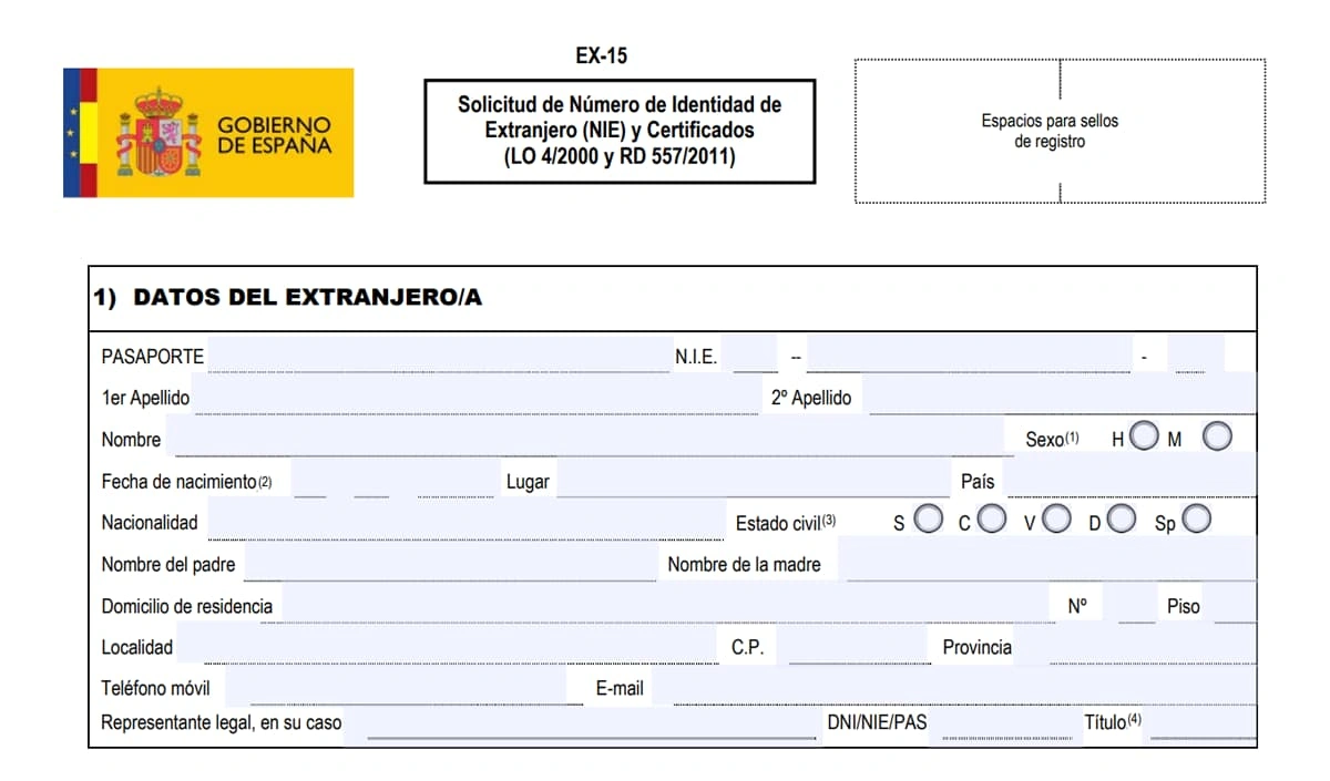 Official Spanish government form EX-15 for foreigner identification number (NIE) application with personal data fields.