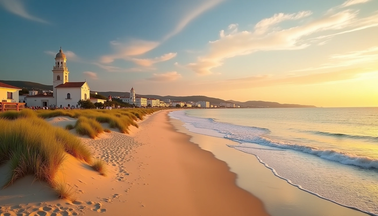 Sunset view of Huelva beach with historic buildings and gentle waves along the sandy shore
