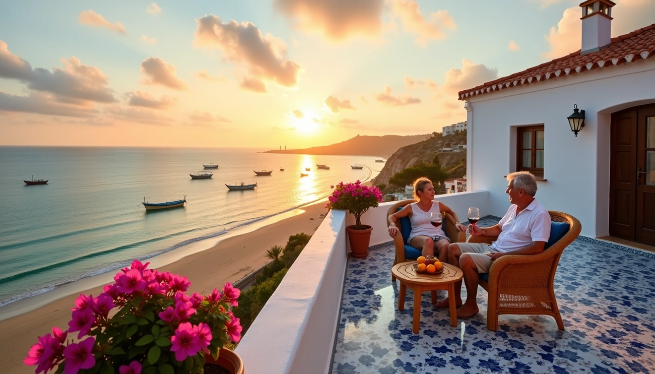 Elderly couple enjoying wine on a terrace overlooking a beach with boats and a sunset in the background.