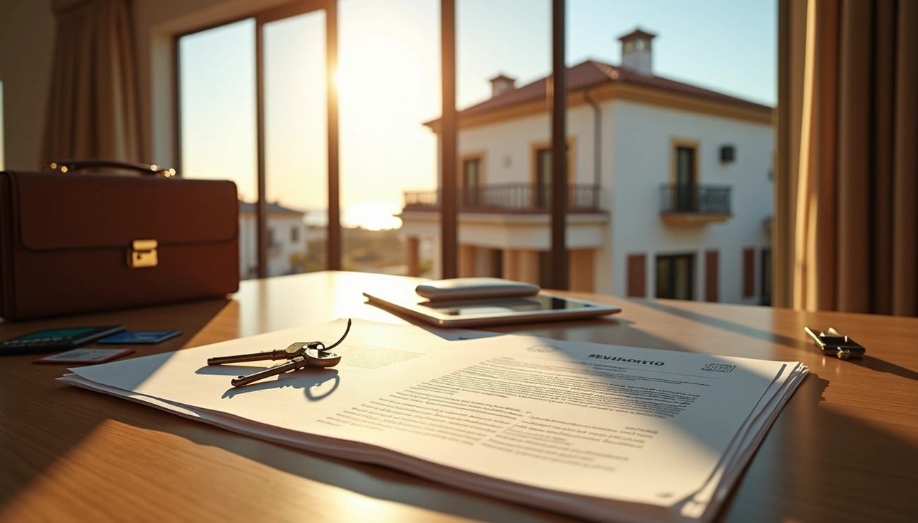 Keys and real estate contract on a desk with a view of a Spanish villa at sunset, symbolizing property purchase in Spain.