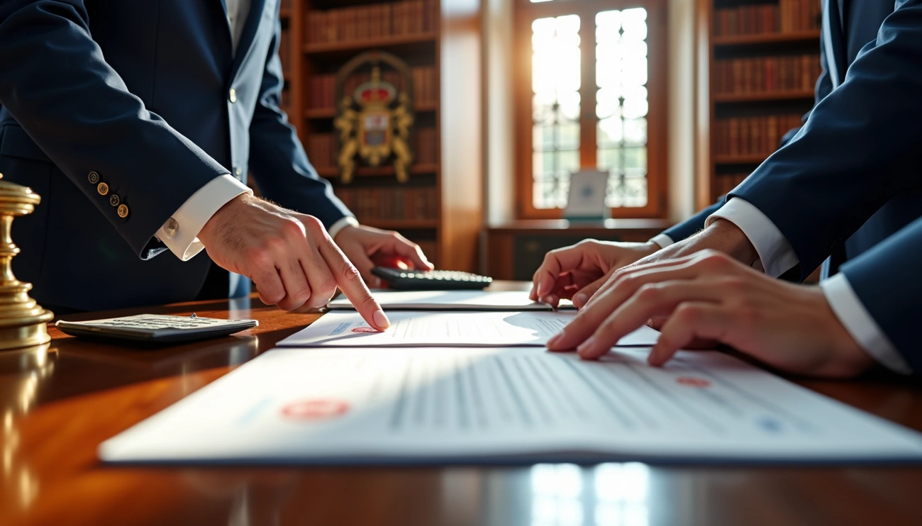 Two professionals in suits reviewing legal documents in a wood-paneled office with bookshelves and a Spanish emblem.