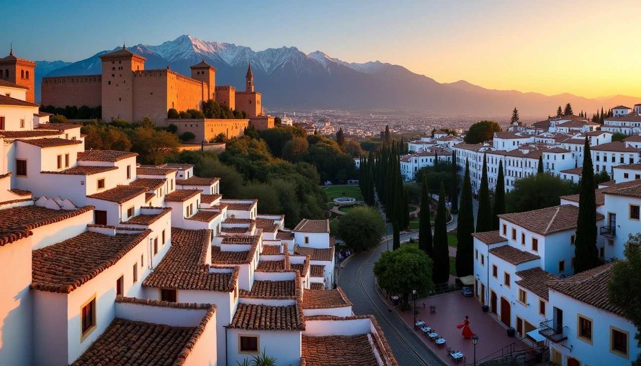 Sunset view of Granada’s Alhambra palace with white houses and snow-capped mountains in the background