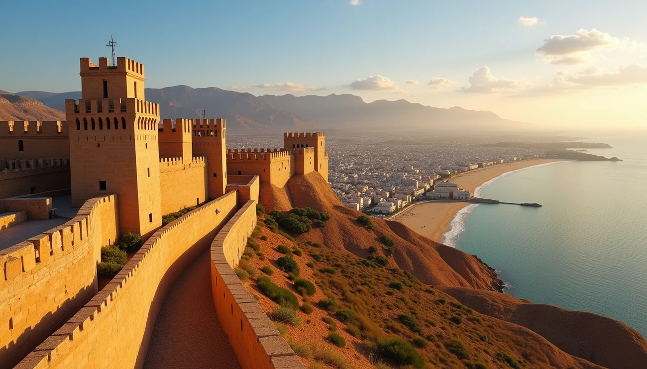 Almeria's historic fortress walls overlooking the city, beach, and calm sea at sunset with mountains in the background.