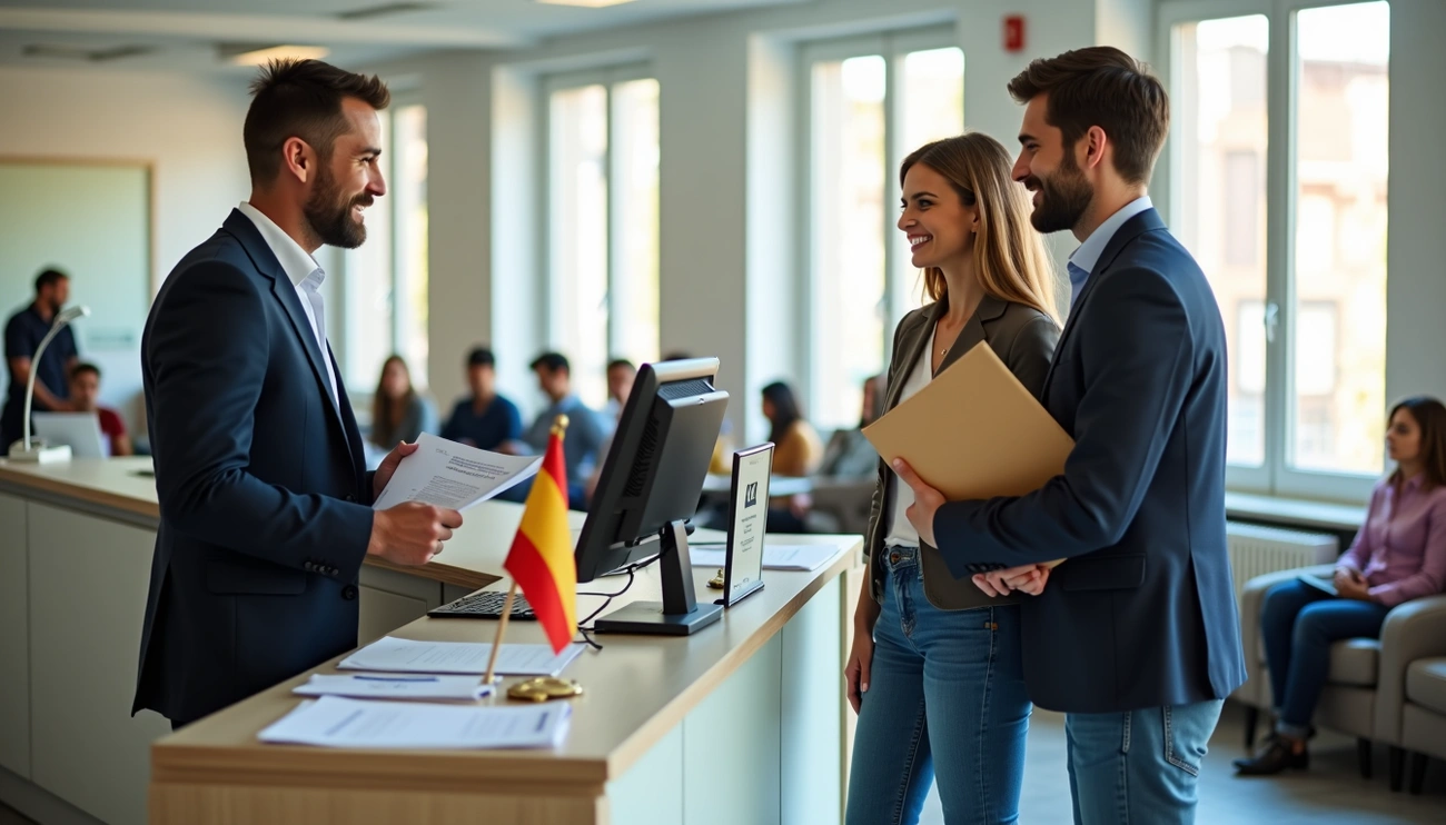Two people consulting a clerk at a government office desk with a Spanish flag and documents for NIE processing.