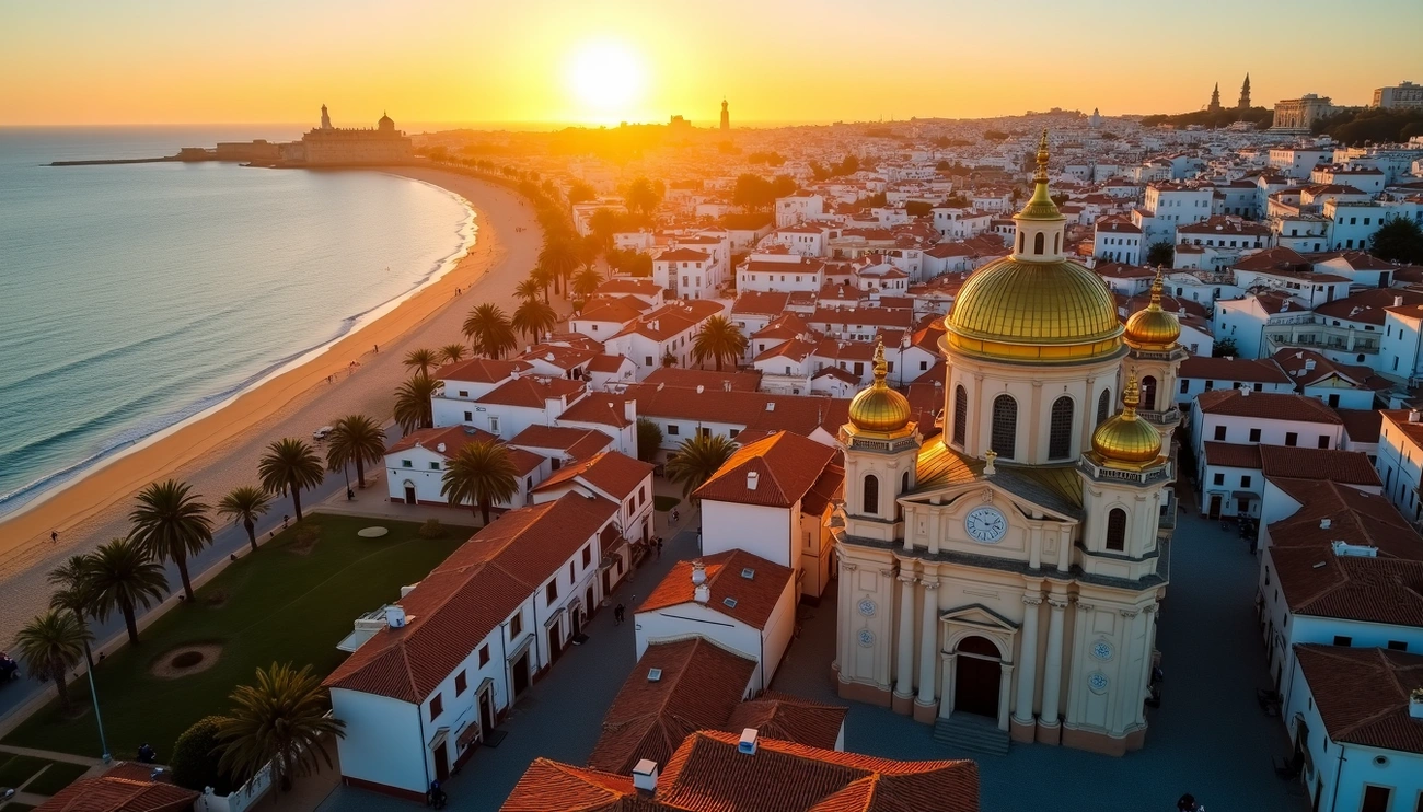 Aerial view of Cádiz at sunset with golden-domed cathedral, red rooftops, palm-lined beach, and calm sea in Andalusia, Spain.