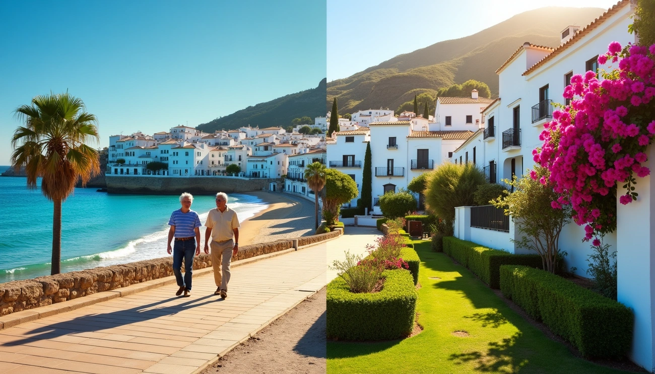 Split image showing seaside promenade with palm trees and coastal town on one side, and sunny countryside village with white houses and flowers on the other.