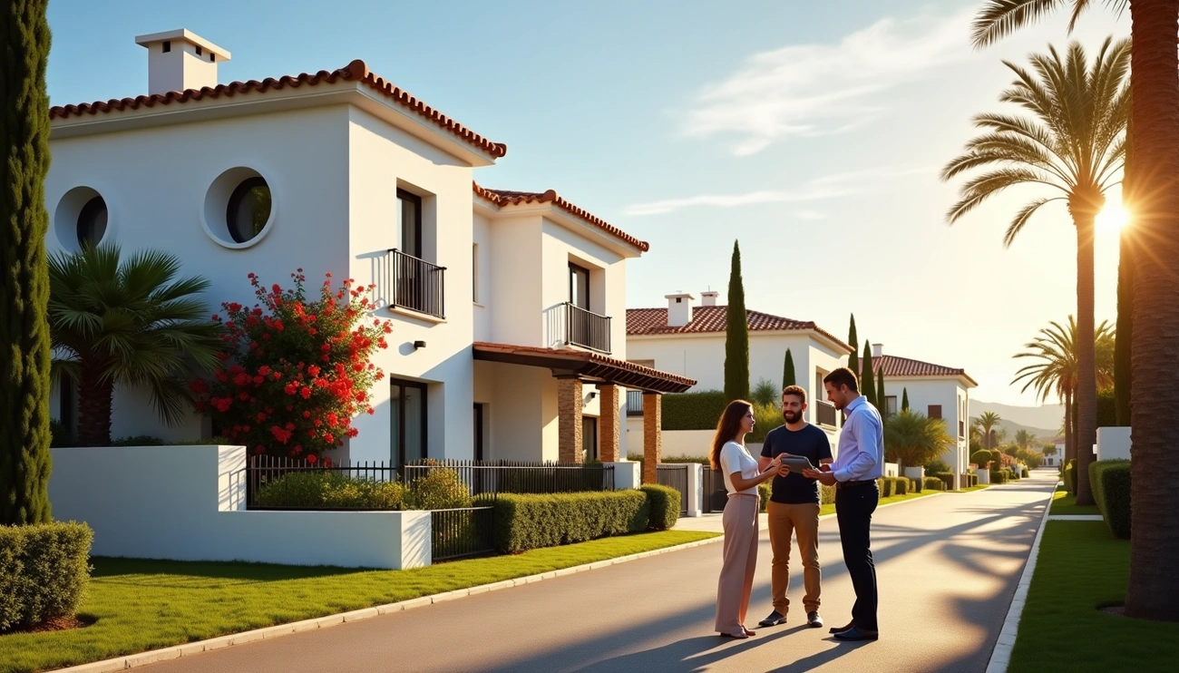Real estate agent showing a couple a property in a sunny Spanish neighborhood with modern houses and palm trees.