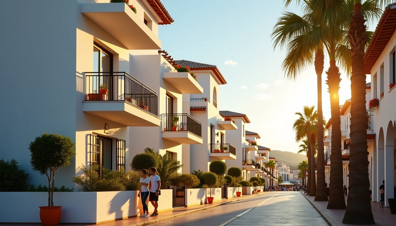 Modern Spanish-style apartments with balconies and palm trees along a sunlit street at sunset, with a couple walking nearby.