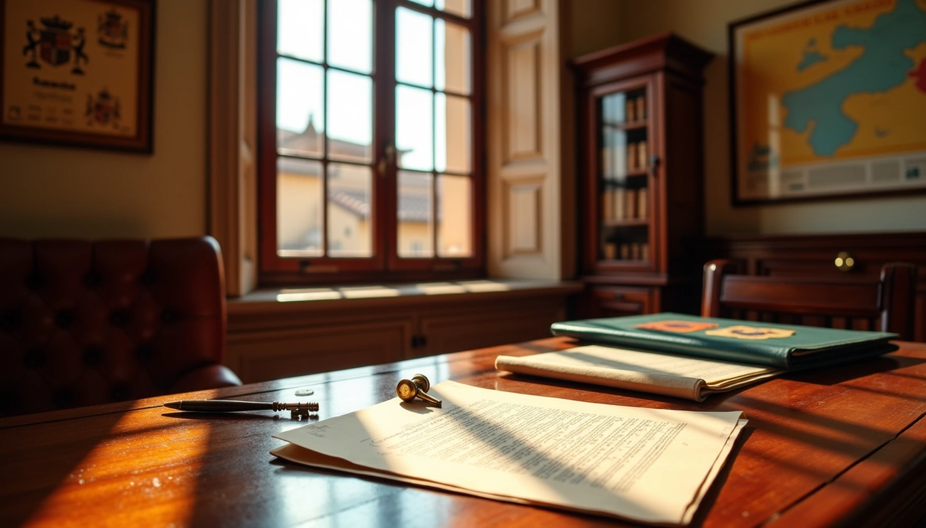 Legal documents, a pen, and a stamp on a wooden desk in a sunlit office with Spanish decor and maps.