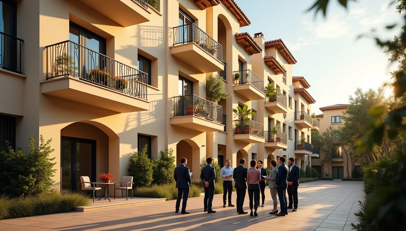 Group of professionals discussing outside a Spanish-style apartment complex with balconies and greenery in warm sunlight.
