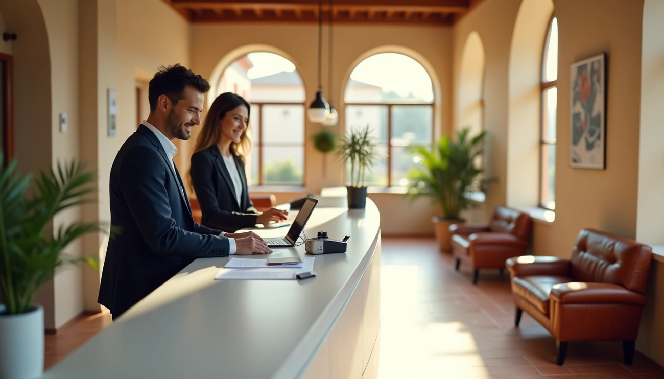Two professionals working at a bright reception desk in a stylish office with arched windows and leather chairs.