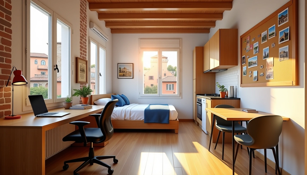 Bright and modern student apartment in Spain with wooden beams, a study desk, bed, kitchenette, and city view through large windows.