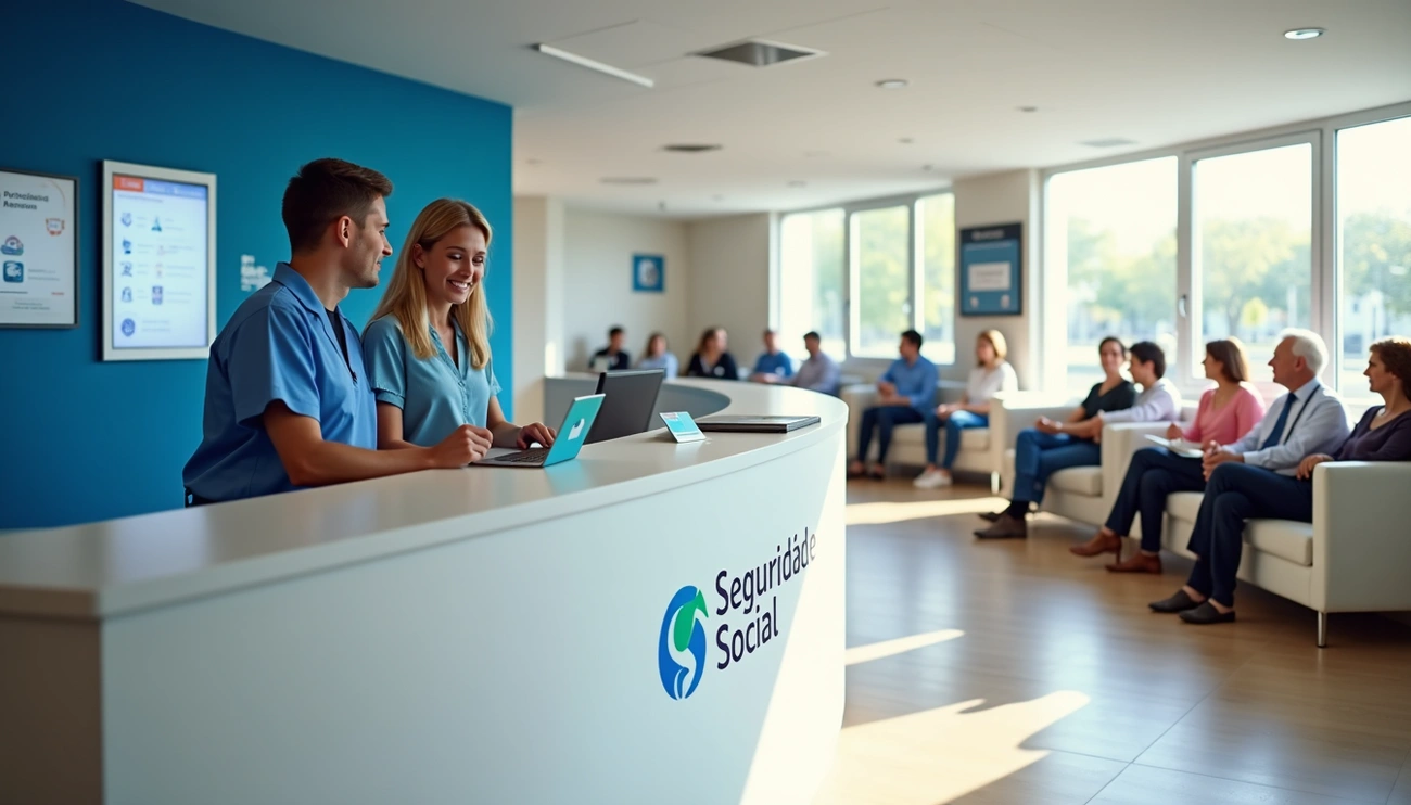 Reception area of a Spanish Social Security office with staff assisting and people waiting in a bright, modern room.