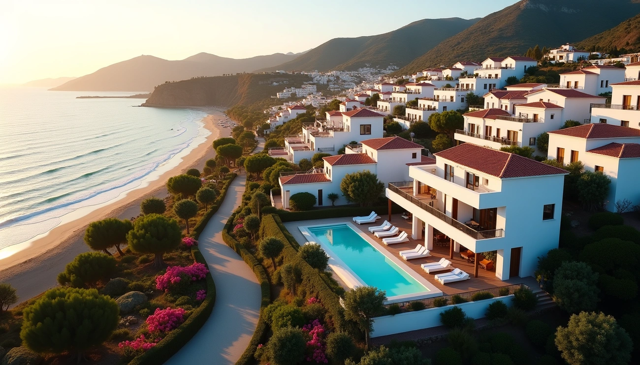 Coastal Andalusian villas with red-tiled roofs and a swimming pool overlooking a sandy beach at sunset.
