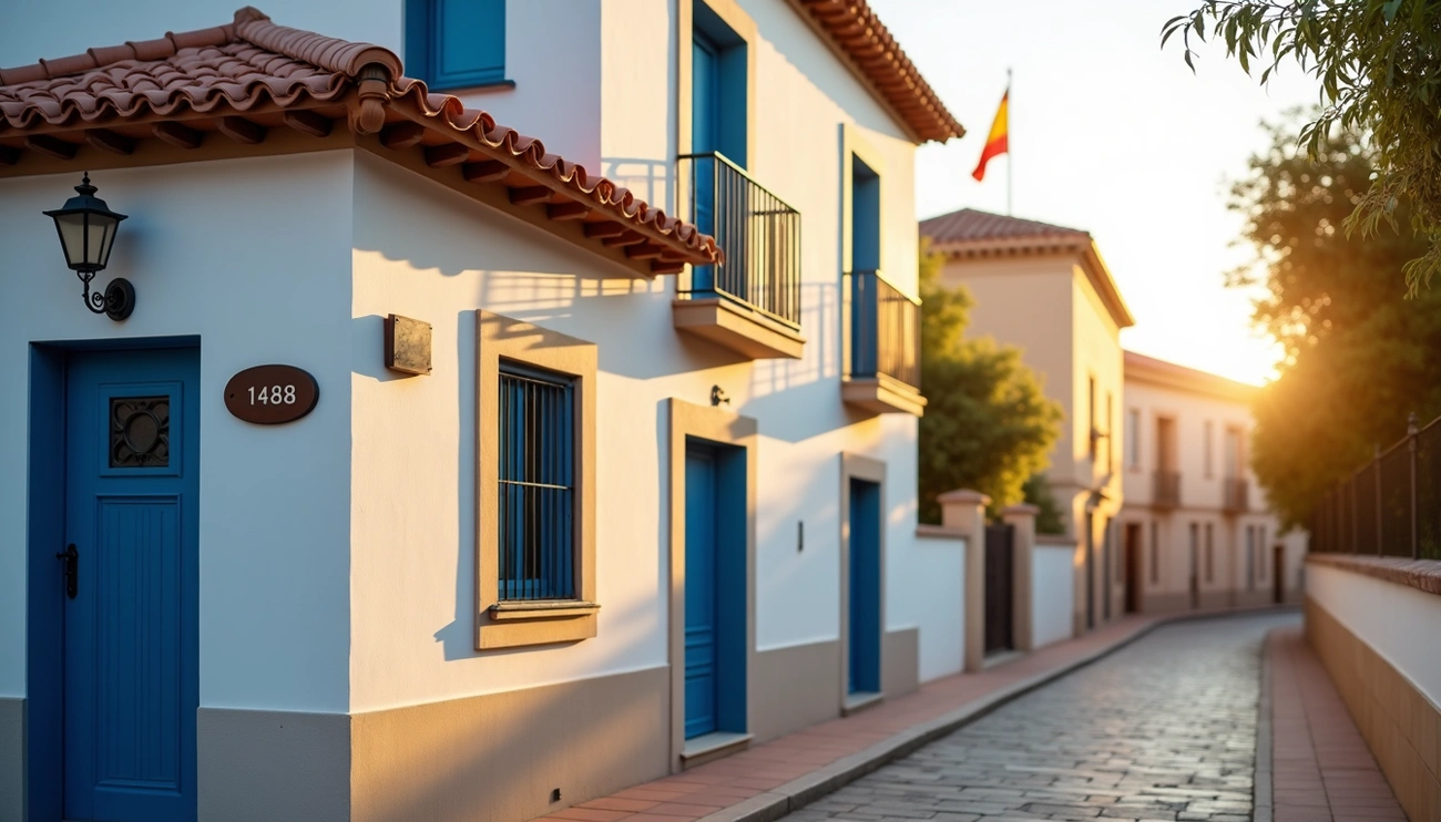 Sunlit street with white houses featuring blue doors and windows, and a Spanish flag in the background.