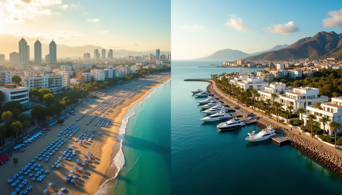 Aerial view comparing Marbella's beach with umbrellas and Malaga's marina with yachts along the Mediterranean coast.