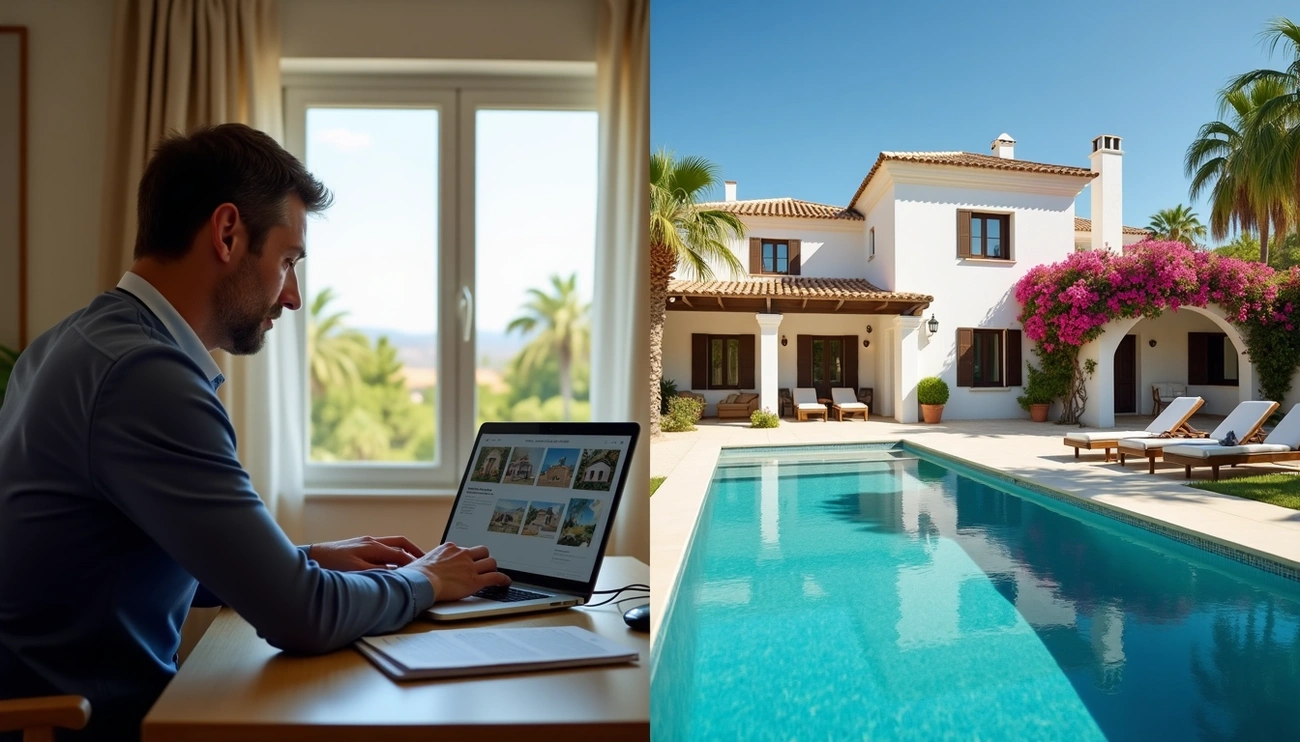 Man browsing Spanish real estate listings on a laptop indoors with a view of a sunny villa and pool outside.