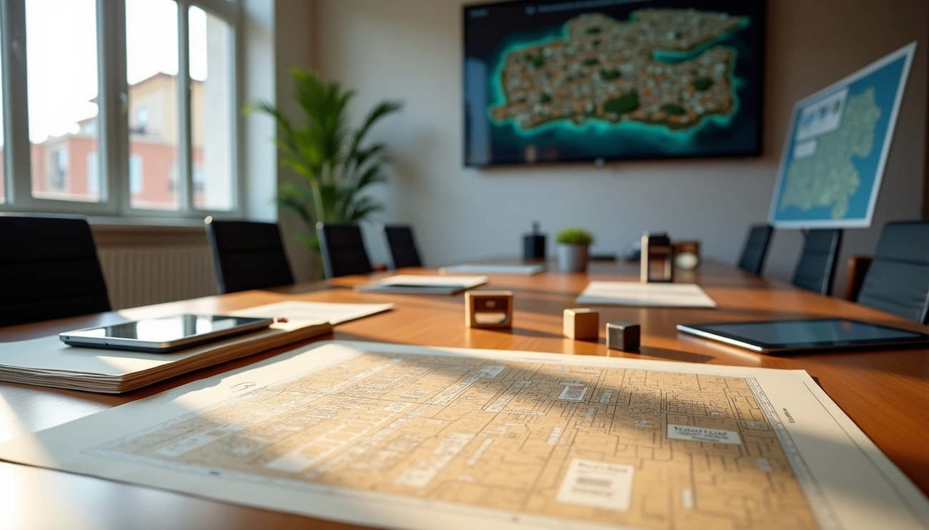 Conference room table with cadastral maps, tablets, and a large digital map display on the wall in the background.