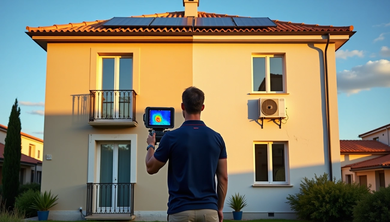 Technician using a thermal camera to inspect energy efficiency of a Spanish house with solar panels on the roof.