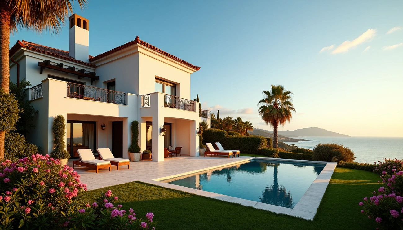 Luxury Spanish villa with pool, palm trees, and ocean view at sunset.