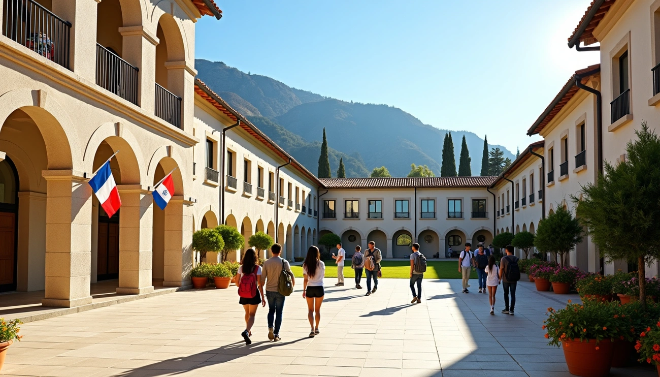 Students walking in a sunny courtyard of a French-style school in Andalusia with mountains in the background.