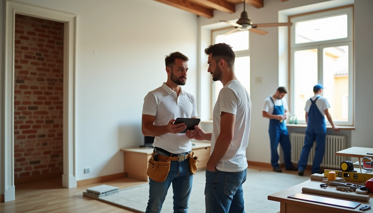 Two men discussing a home renovation project while two workers in overalls work near a window in a bright room.