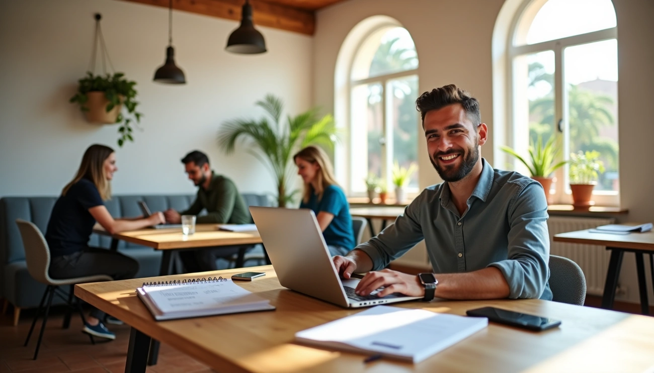 People working on laptops and discussing in a bright, modern co-working space with large windows and plants.