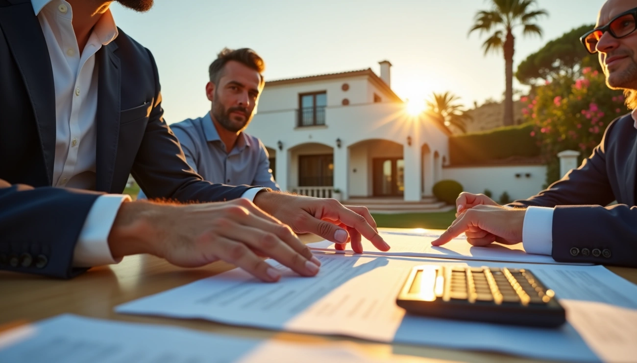 People in suits discussing real estate documents with a calculator on a table outside a Spanish-style house at sunset.
