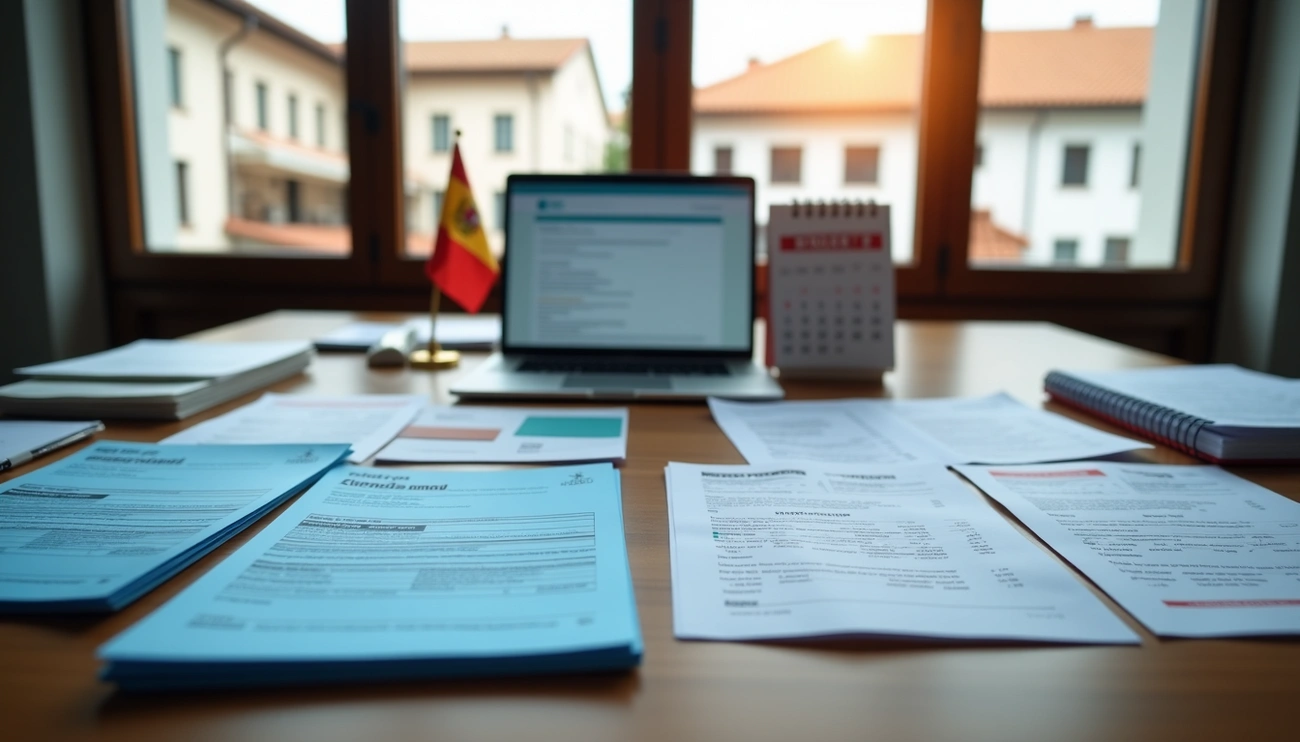 Documents, a laptop, a Spanish flag, and a calendar on a desk by a window in an office setting.