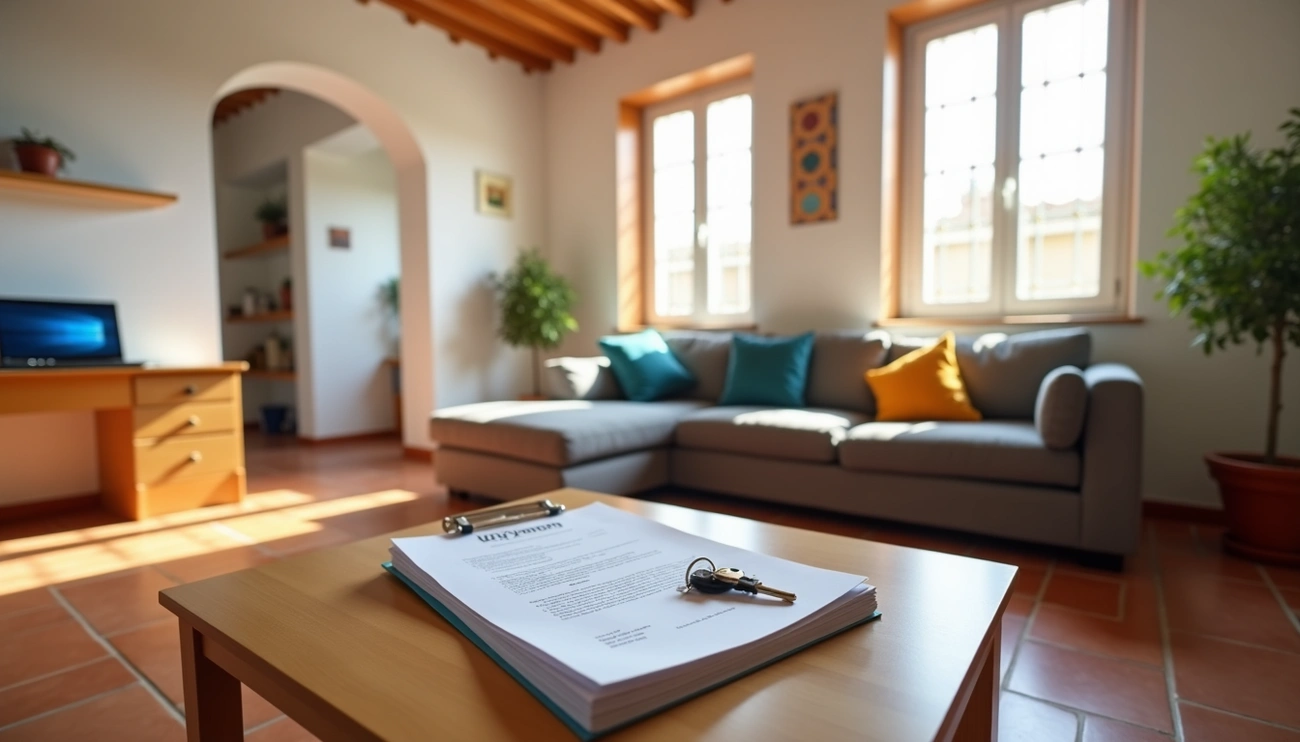 Rental agreement and keys on a coffee table in a sunlit Spanish-style living room with a sofa and plants