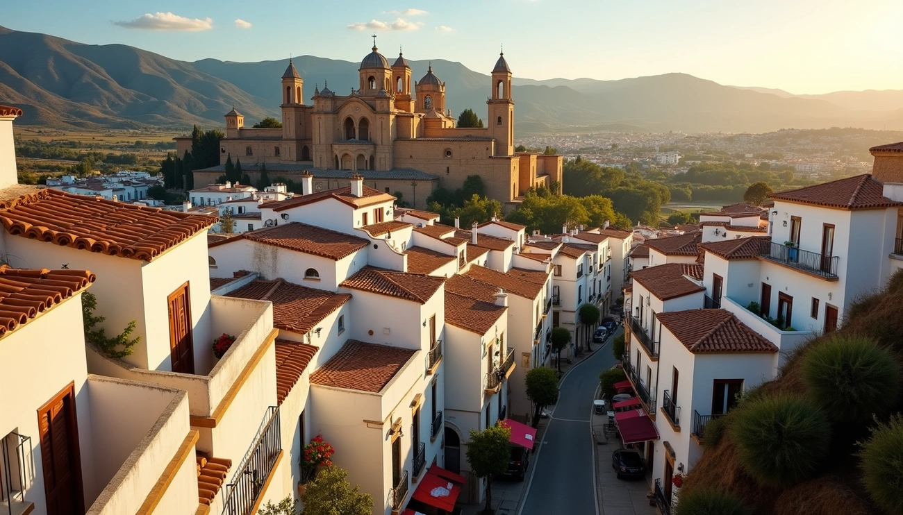 Sunlit view of Jaén's historic white buildings and cathedral with mountains in the background at sunset.