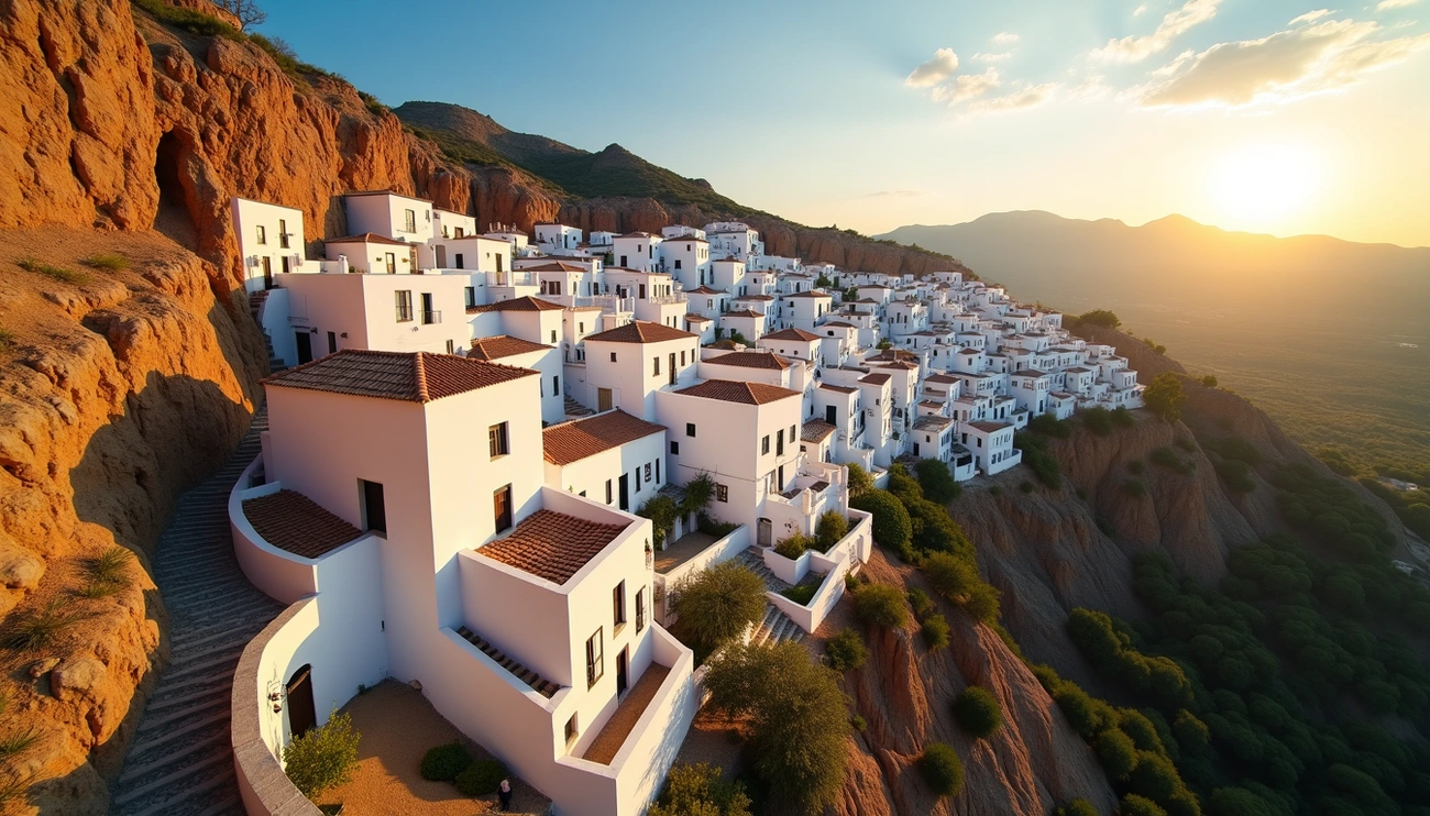 White houses with terracotta roofs clustered on a rocky hillside at sunset in Andalusia, Spain.