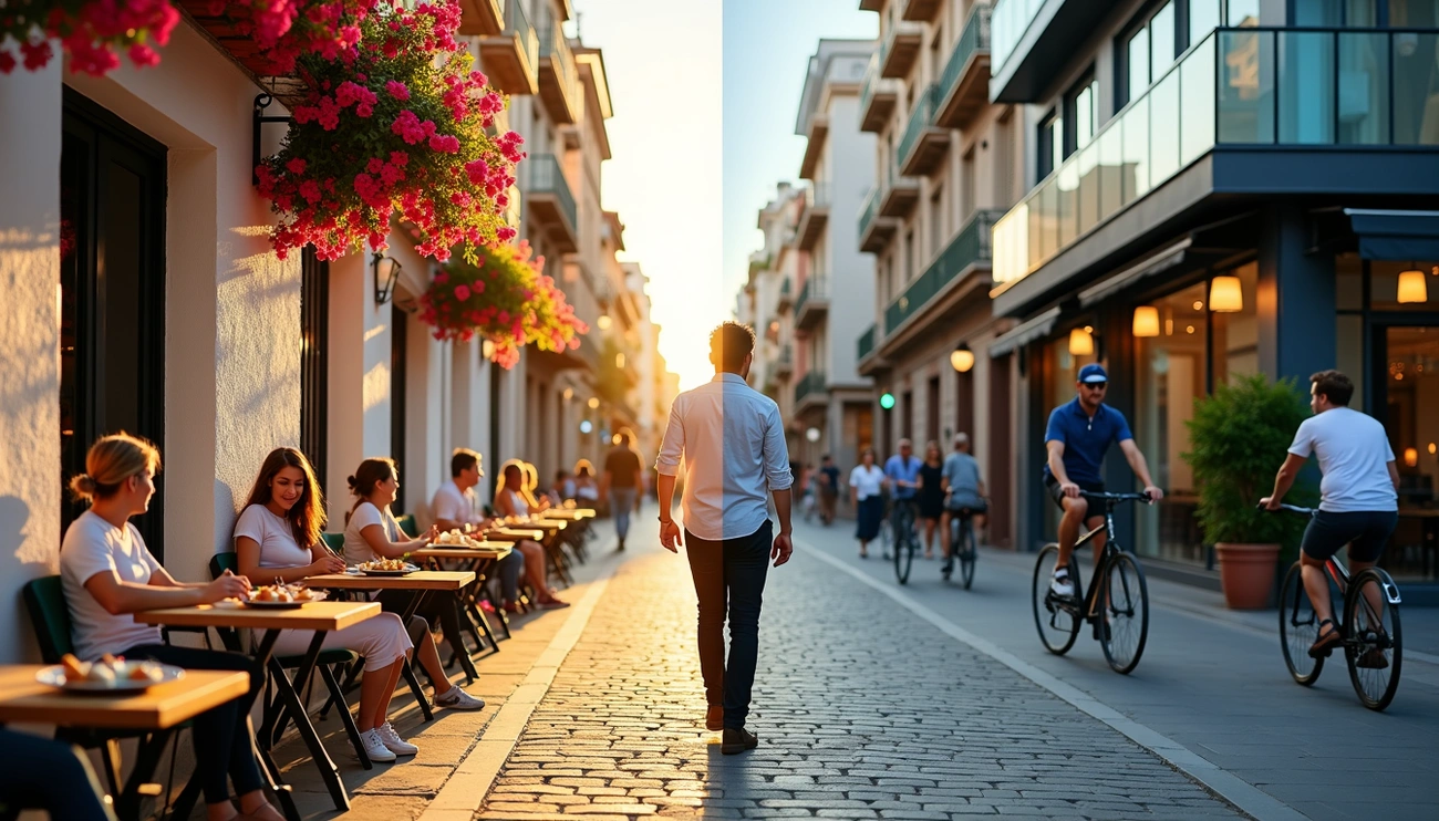 People dining outdoors and cyclists on a sunlit cobblestone street lined with flowers and buildings in a Spanish city.