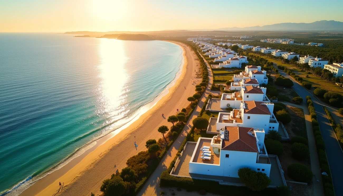 Aerial view of a sunny coastline with turquoise waters, sandy beach, and white houses with red roofs in Huelva.