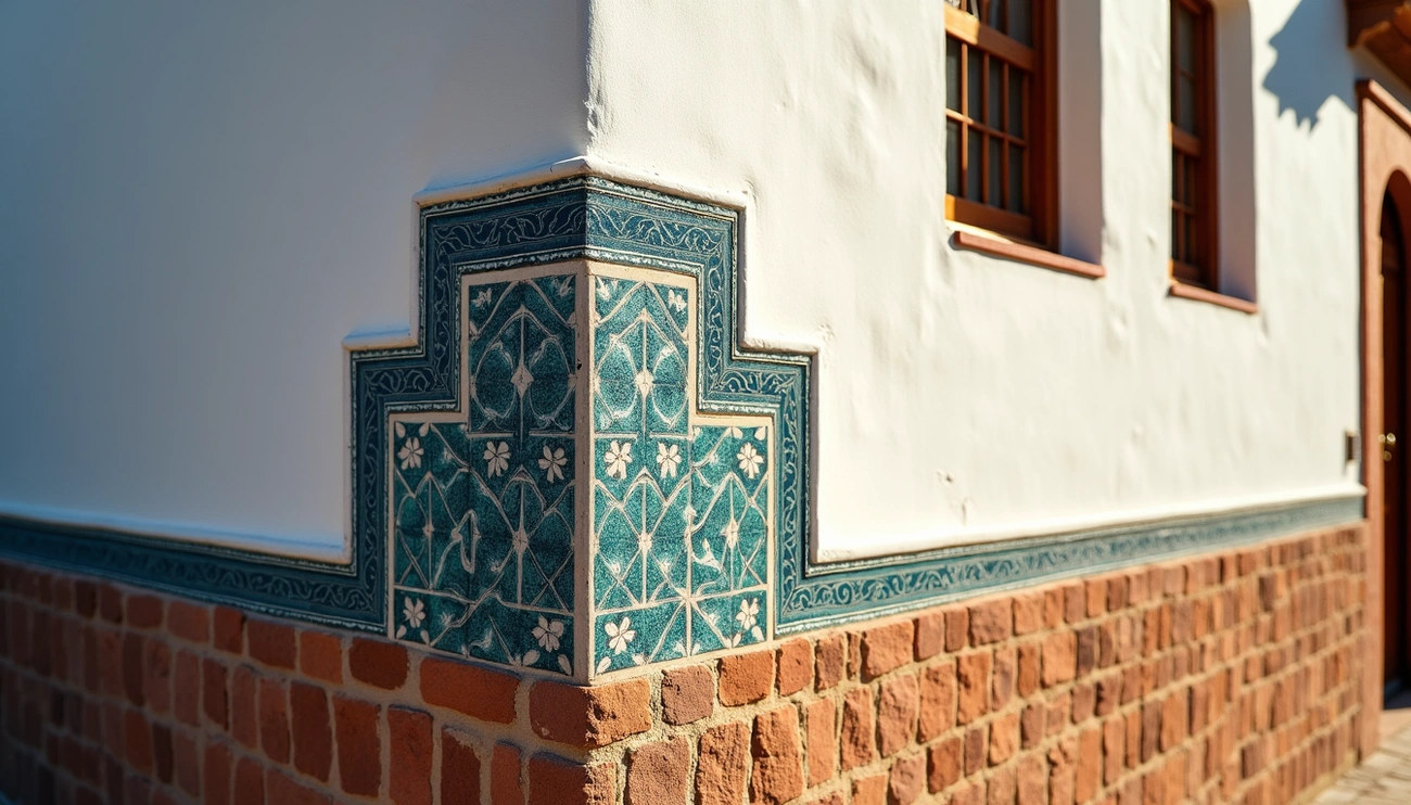 Corner of an Andalusian building showing traditional red brick base, white stucco walls, and decorative blue ceramic tiles.