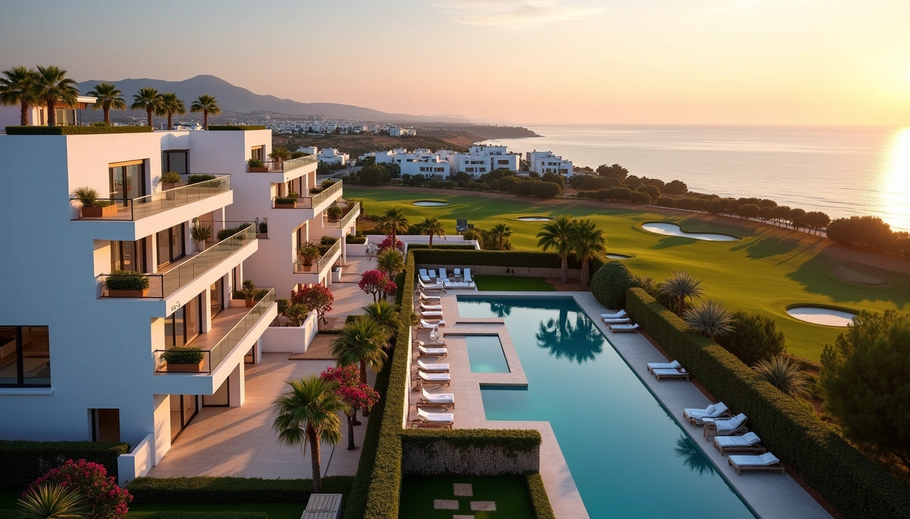Modern white apartments with balconies overlooking a pool, golf course, and ocean at sunset in Estepona, Spain.