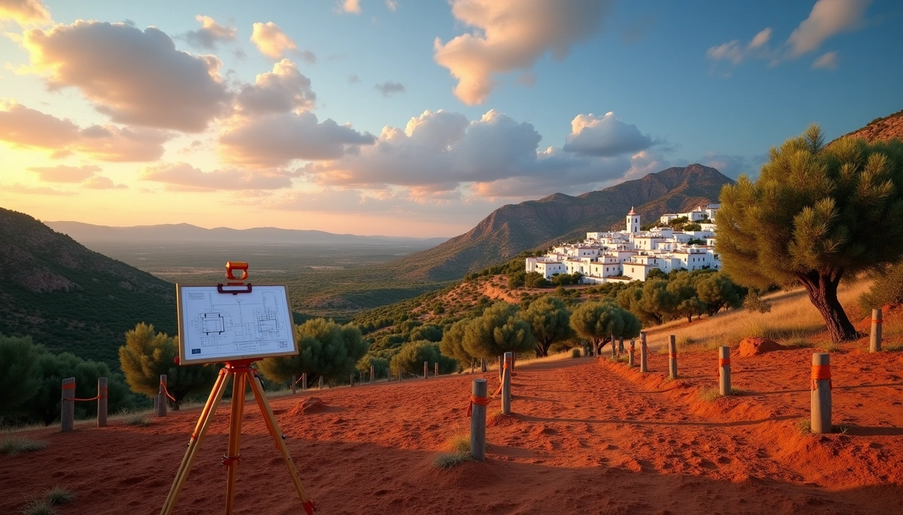 Surveyor's tripod with blueprints on a red dirt path overlooking white village houses and mountains at sunset in Andalusia.