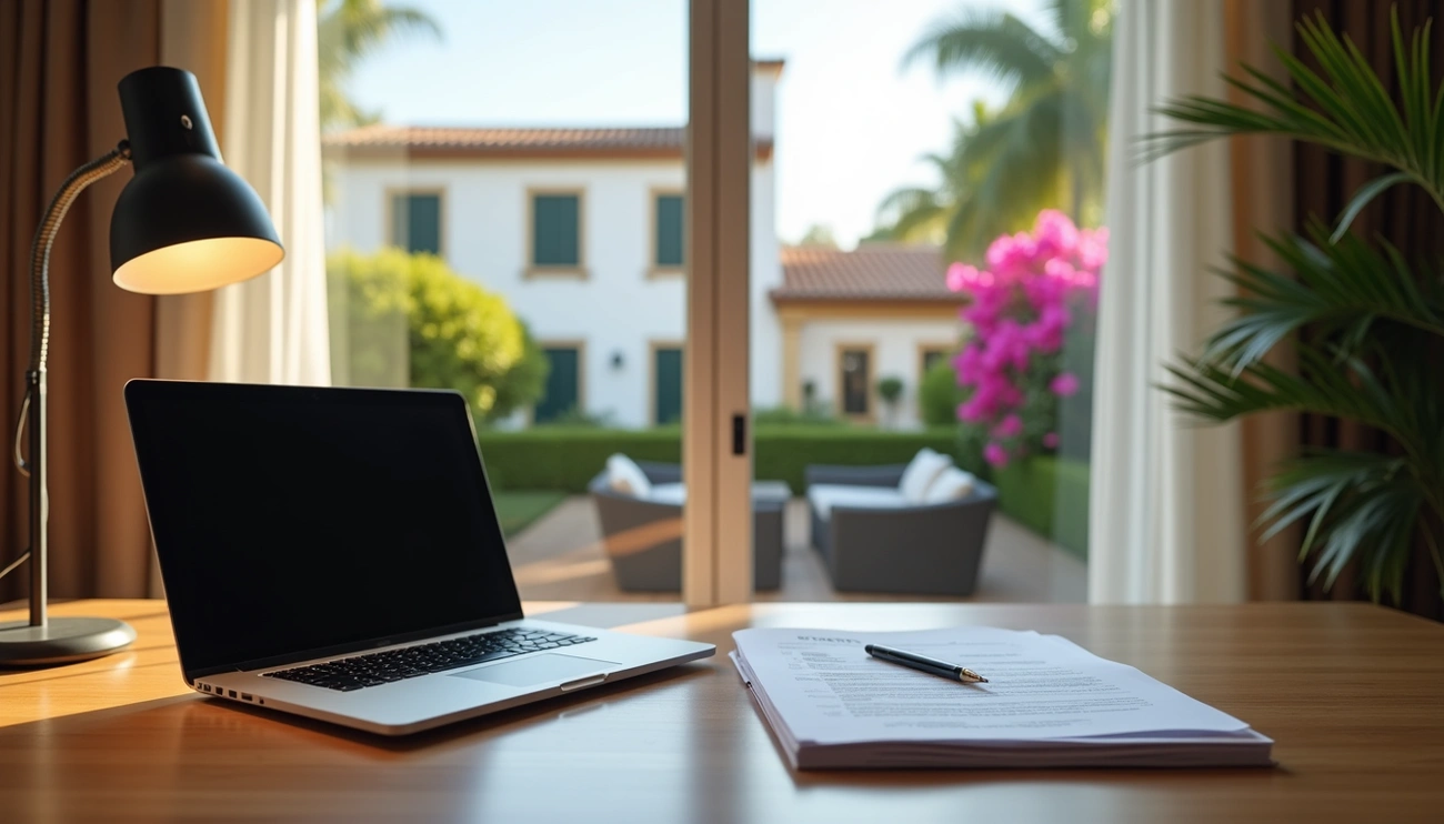 Laptop and documents on a desk by a window overlooking a sunny Spanish-style house and garden patio.