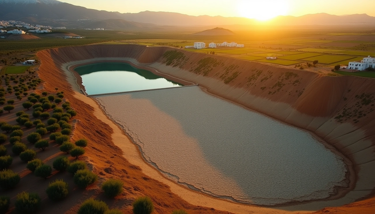 A large water reservoir in Andalusia with partially dried water surrounded by farmland and hills at sunset.