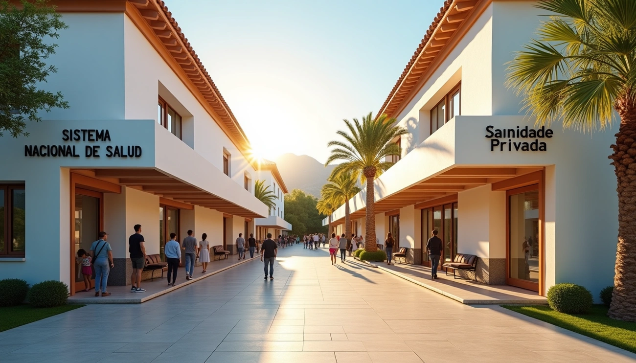 People walking between buildings labeled National Health System and Private Healthcare in sunny Andalusian setting.