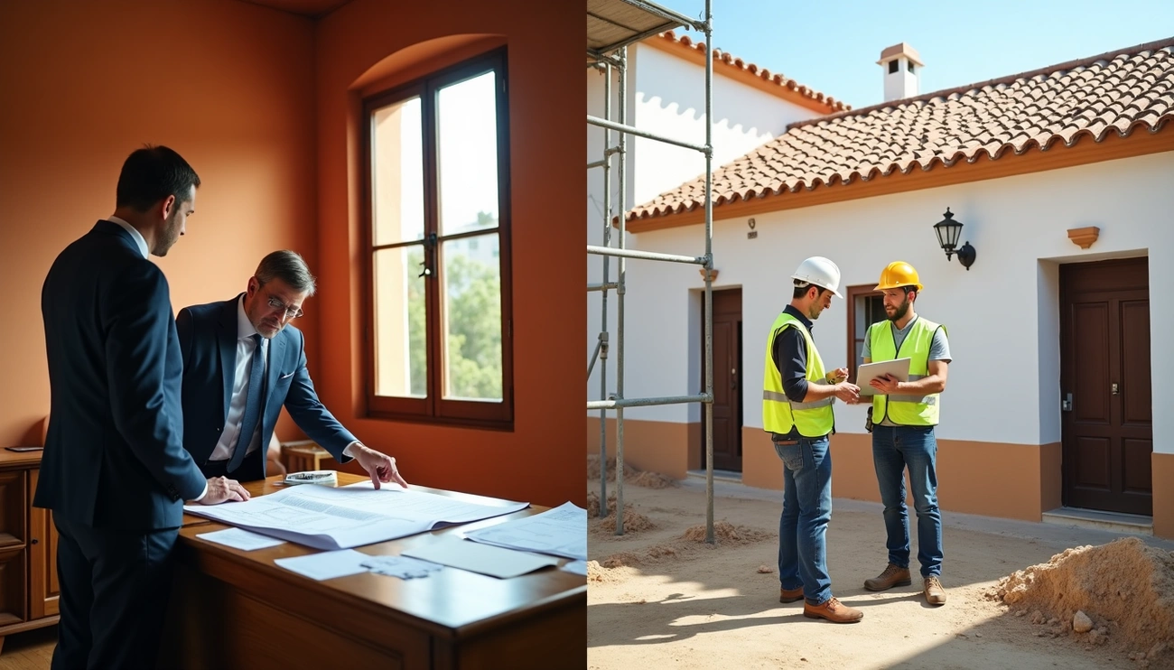 Two men in suits review renovation plans indoors while two construction workers discuss outside near a house under renovation.