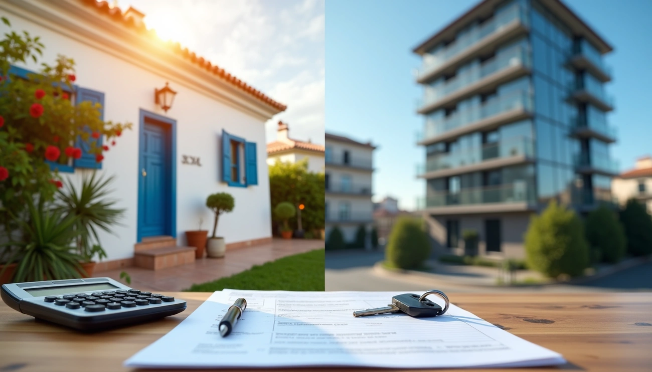 Calculator, documents, and keys on a table with a traditional house and modern apartment building in the background.
