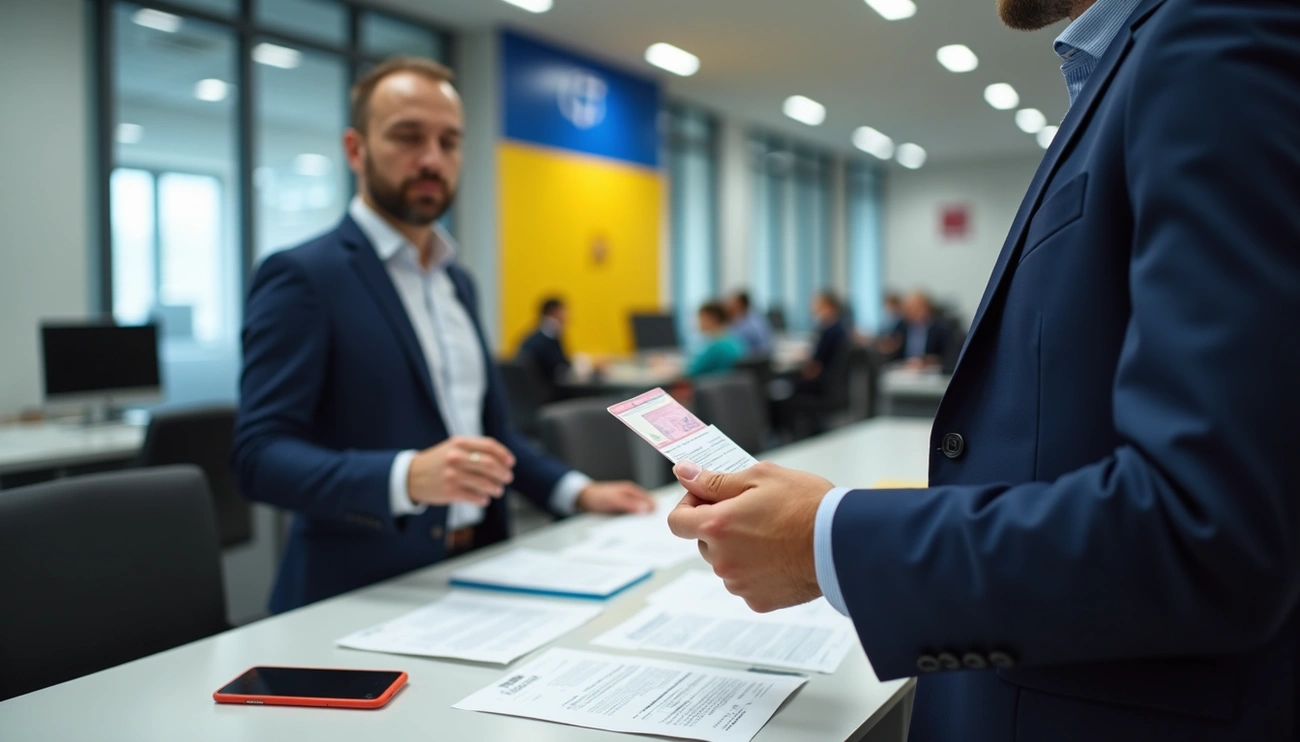 Two men in suits exchanging documents in a modern office setting with people working in the background.