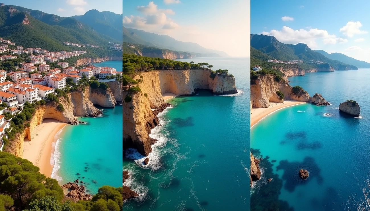 Aerial views of Spain's Costa del Sol, Costa Brava, and Costa Blanca showcasing turquoise waters, cliffs, and sandy beaches.